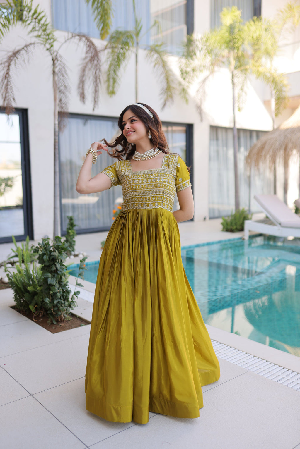 Lorenvalley Fashion Mehendi H O Silk with Sequins & Zari with Pipe Beads Embroidered work Gown - Distacart