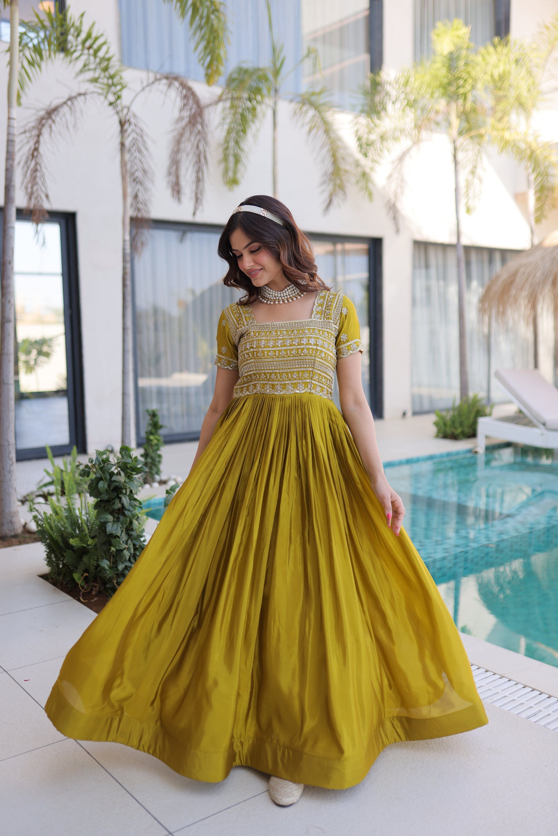 Lorenvalley Fashion Mehendi H O Silk with Sequins & Zari with Pipe Beads Embroidered work Gown - Distacart
