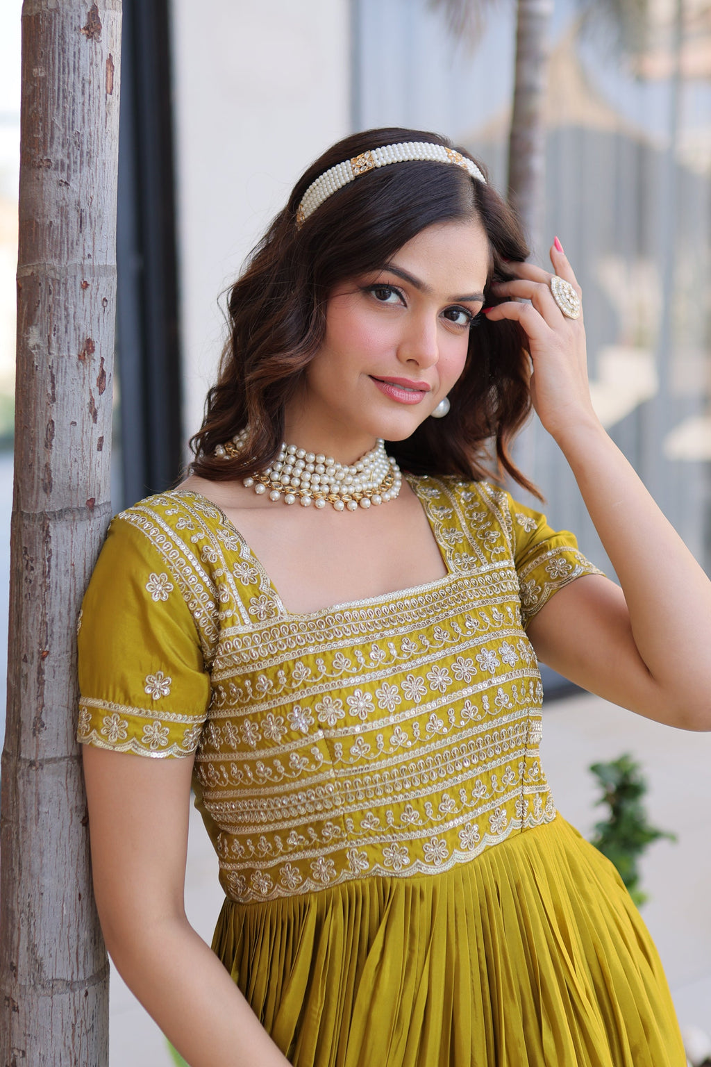 Lorenvalley Fashion Mehendi H O Silk with Sequins & Zari with Pipe Beads Embroidered work Gown - Distacart