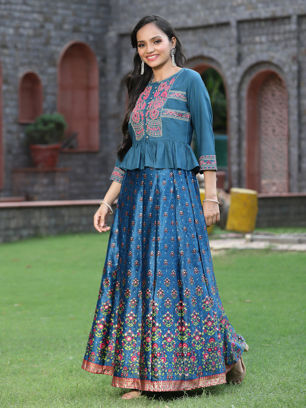 Juniper Women`s Teal Satin Embroidered Flared Lehenga Choli Sets - Distacart