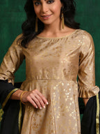 Aks Floral Printed Zari Anarkali Kurta With Trousers & Dupatta