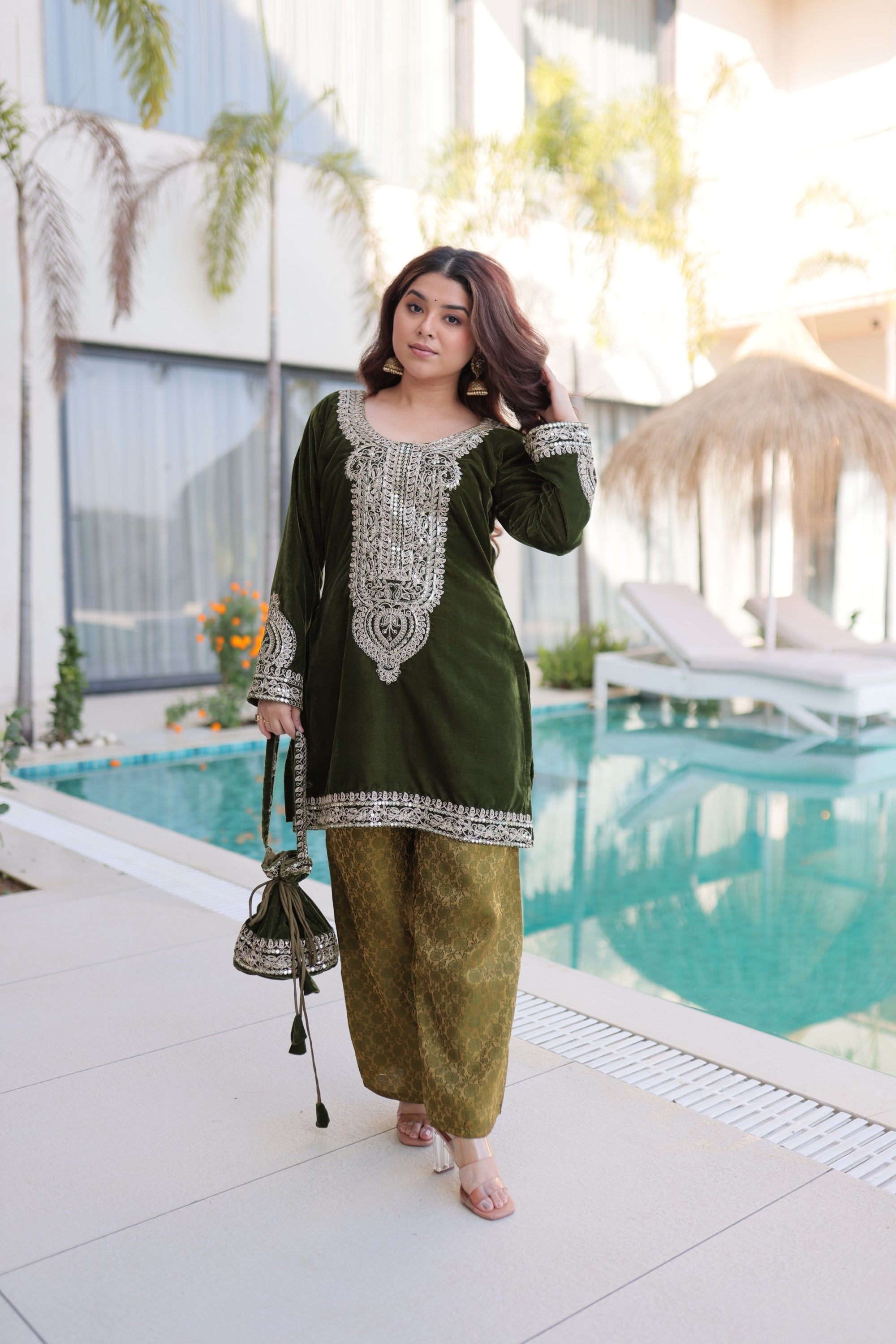 Lorenvalley Fashion Mehendi 9000 Velvet with Rich Zari Coding Embroidered Work Kurta Pant with Batwa - Distacart