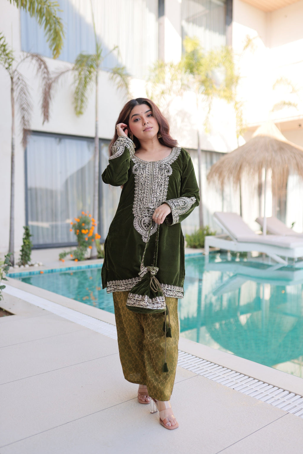 Lorenvalley Fashion Mehendi 9000 Velvet with Rich Zari Coding Embroidered Work Kurta Pant with Batwa - Distacart