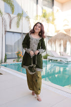 Lorenvalley Fashion Mehendi 9000 Velvet with Rich Zari Coding Embroidered Work Kurta Pant with Batwa - Distacart
