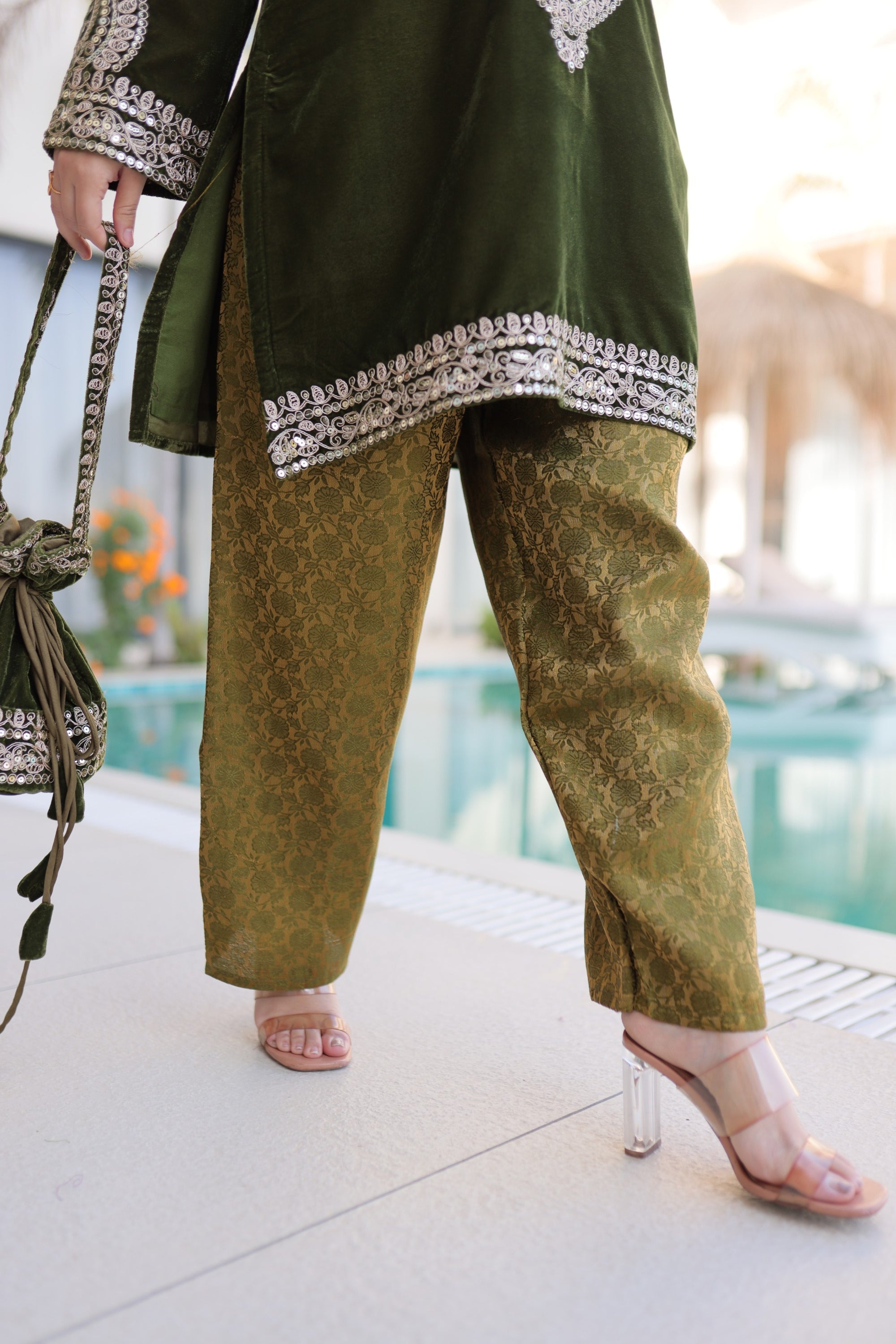 Lorenvalley Fashion Mehendi 9000 Velvet with Rich Zari Coding Embroidered Work Kurta Pant with Batwa - Distacart