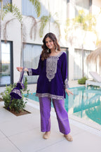 Lorenvalley Fashion Purple 9000 Velvet with Rich Zari Coding Embroidered Work Kurta Pant with Batwa - Distacart
