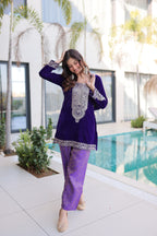 Lorenvalley Fashion Purple 9000 Velvet with Rich Zari Coding Embroidered Work Kurta Pant with Batwa - Distacart