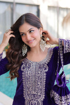 Lorenvalley Fashion Purple 9000 Velvet with Rich Zari Coding Embroidered Work Kurta Pant with Batwa - Distacart