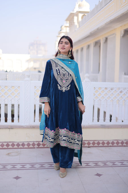 Lorenvalley Fashion Rama 9000 Velvet with Sequins & Coding & Thread Embroidered work Kurta Pant with Dupatta