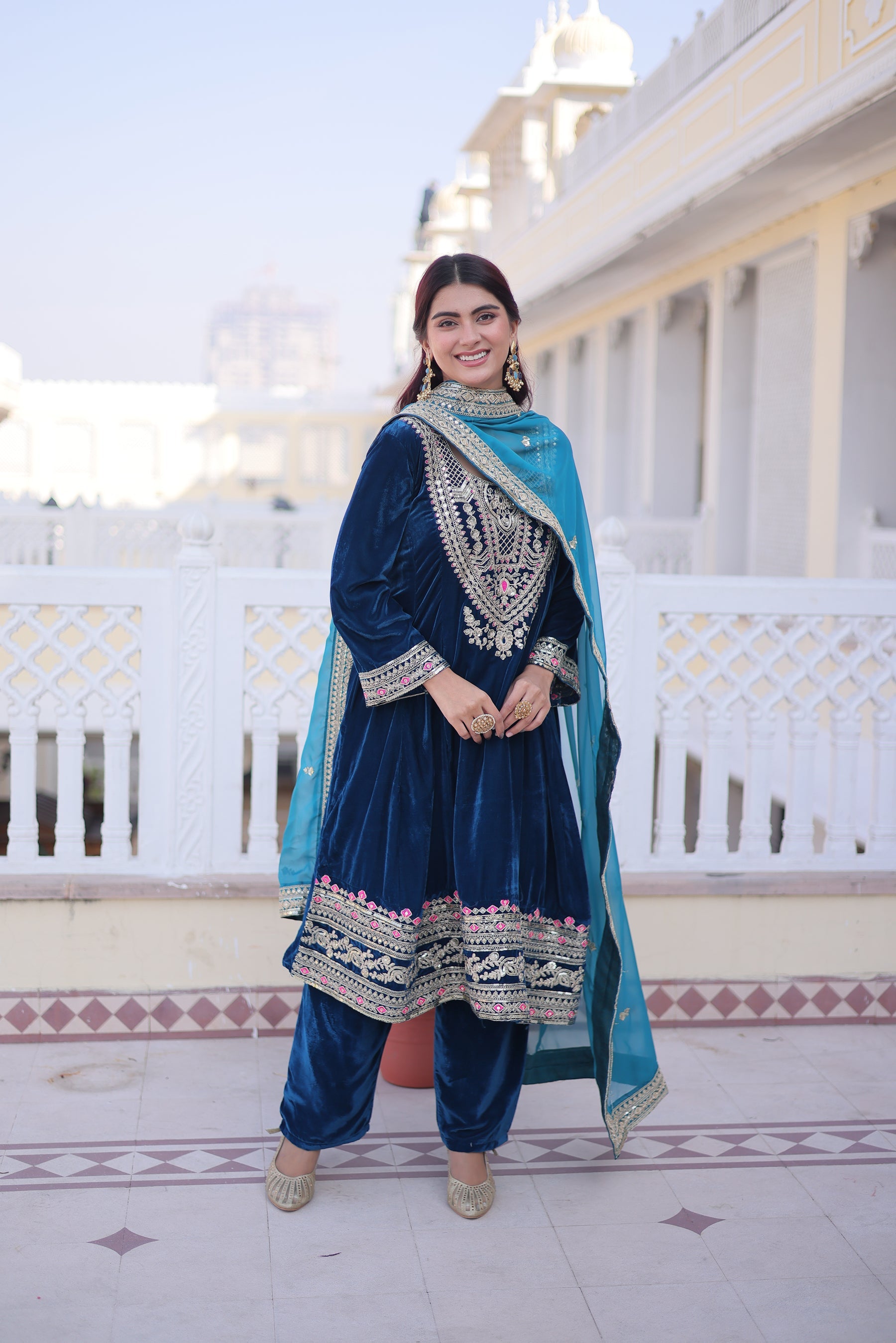 Lorenvalley Fashion Rama 9000 Velvet with Sequins & Coding & Thread Embroidered work Kurta Pant with Dupatta