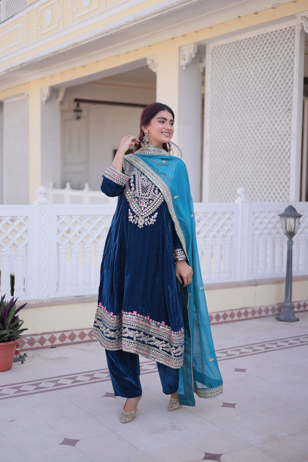 Lorenvalley Fashion Rama 9000 Velvet with Sequins & Coding & Thread Embroidered work Kurta Pant with Dupatta