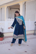 Lorenvalley Fashion Rama 9000 Velvet with Sequins & Coding & Thread Embroidered work Kurta Pant with Dupatta