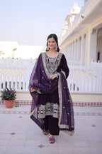 Lorenvalley Fashion Wine 9000 Velvet with Sequins & Coding & Thread Embroidered work Kurta Pant with Dupatta