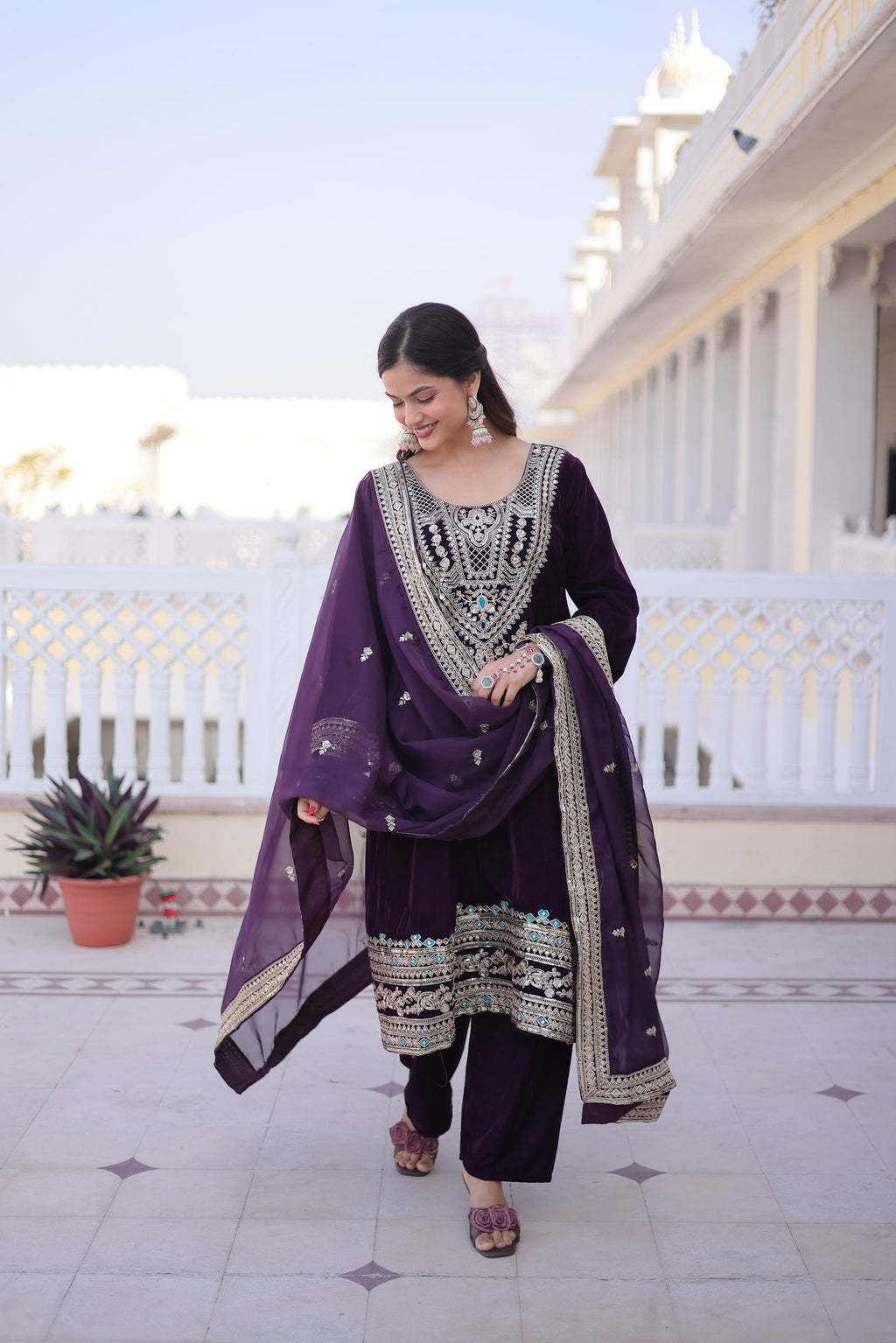 Lorenvalley Fashion Wine 9000 Velvet with Sequins & Coding & Thread Embroidered work Kurta Pant with Dupatta