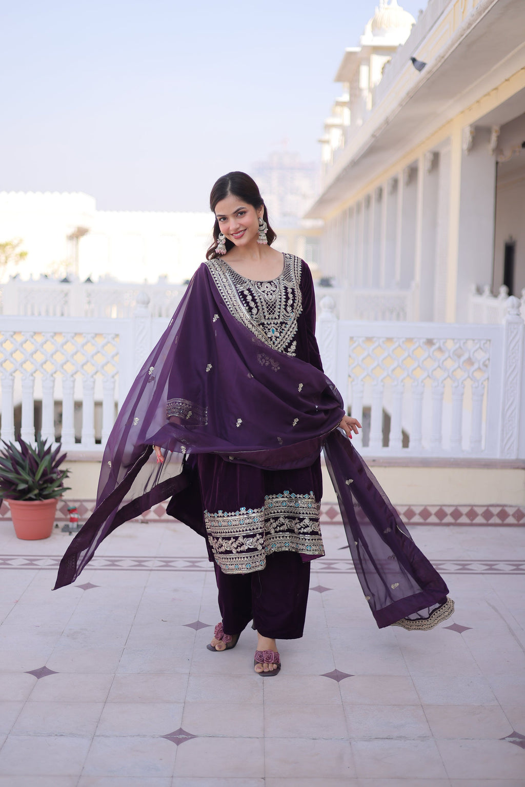 Lorenvalley Fashion Wine 9000 Velvet with Sequins & Coding & Thread Embroidered work Kurta Pant with Dupatta