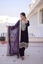 Lorenvalley Fashion Wine 9000 Velvet with Sequins & Coding & Thread Embroidered work Kurta Pant with Dupatta
