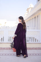 Lorenvalley Fashion Wine 9000 Velvet with Sequins & Coding & Thread Embroidered work Kurta Pant with Dupatta