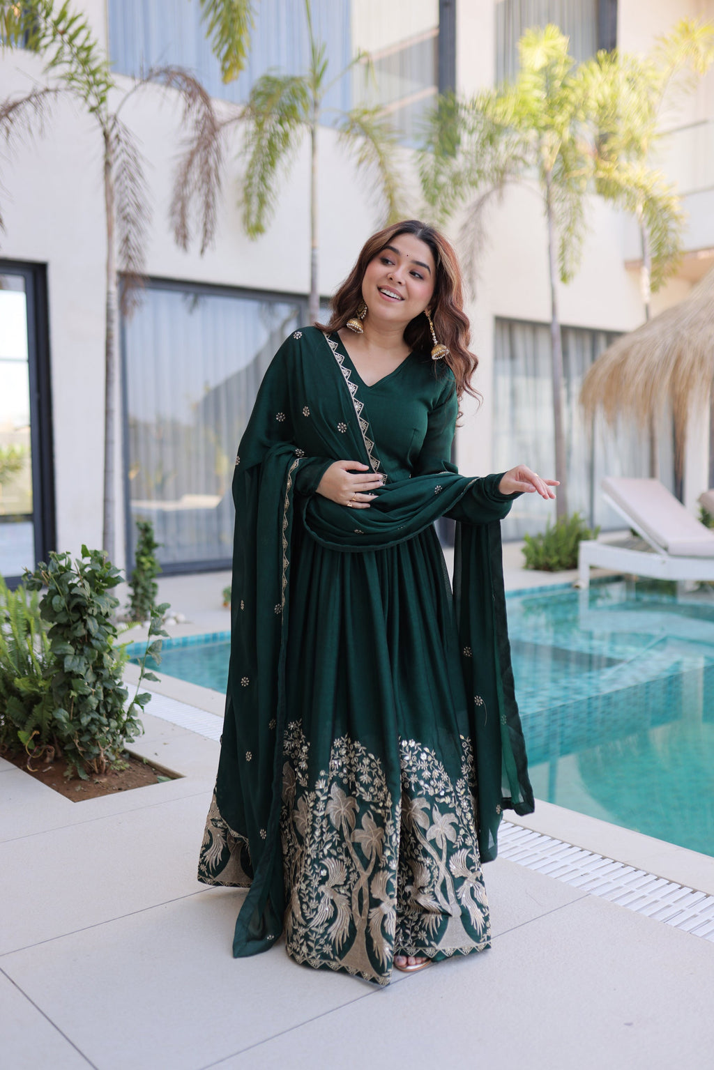 Lorenvalley Fashion Green Rangoli Crush With Sequins Multi Embroidered work Gown with Dupatta - Distacart