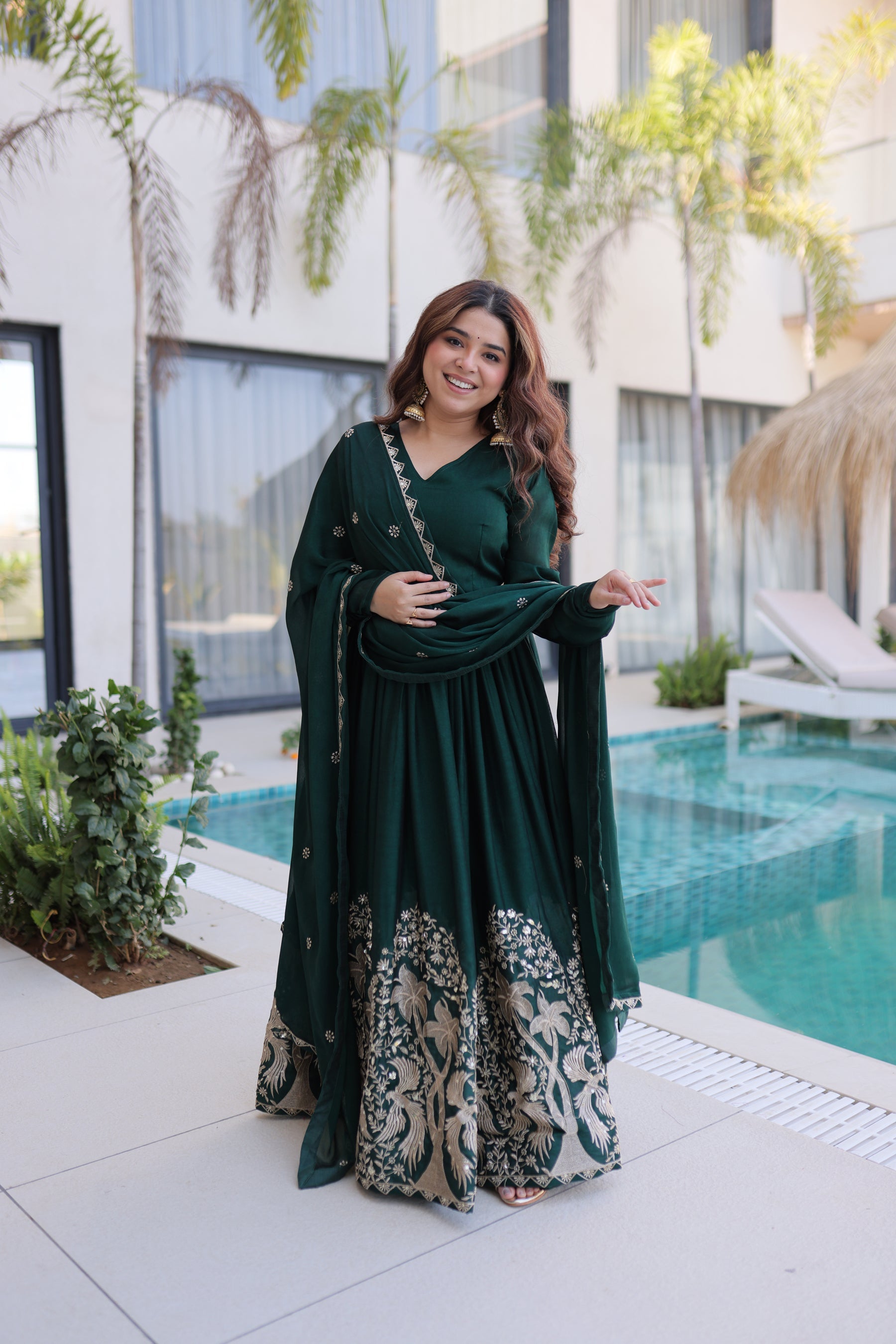 Lorenvalley Fashion Green Rangoli Crush With Sequins Multi Embroidered work Gown with Dupatta - Distacart