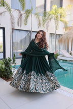 Lorenvalley Fashion Green Rangoli Crush With Sequins Multi Embroidered work Gown with Dupatta - Distacart