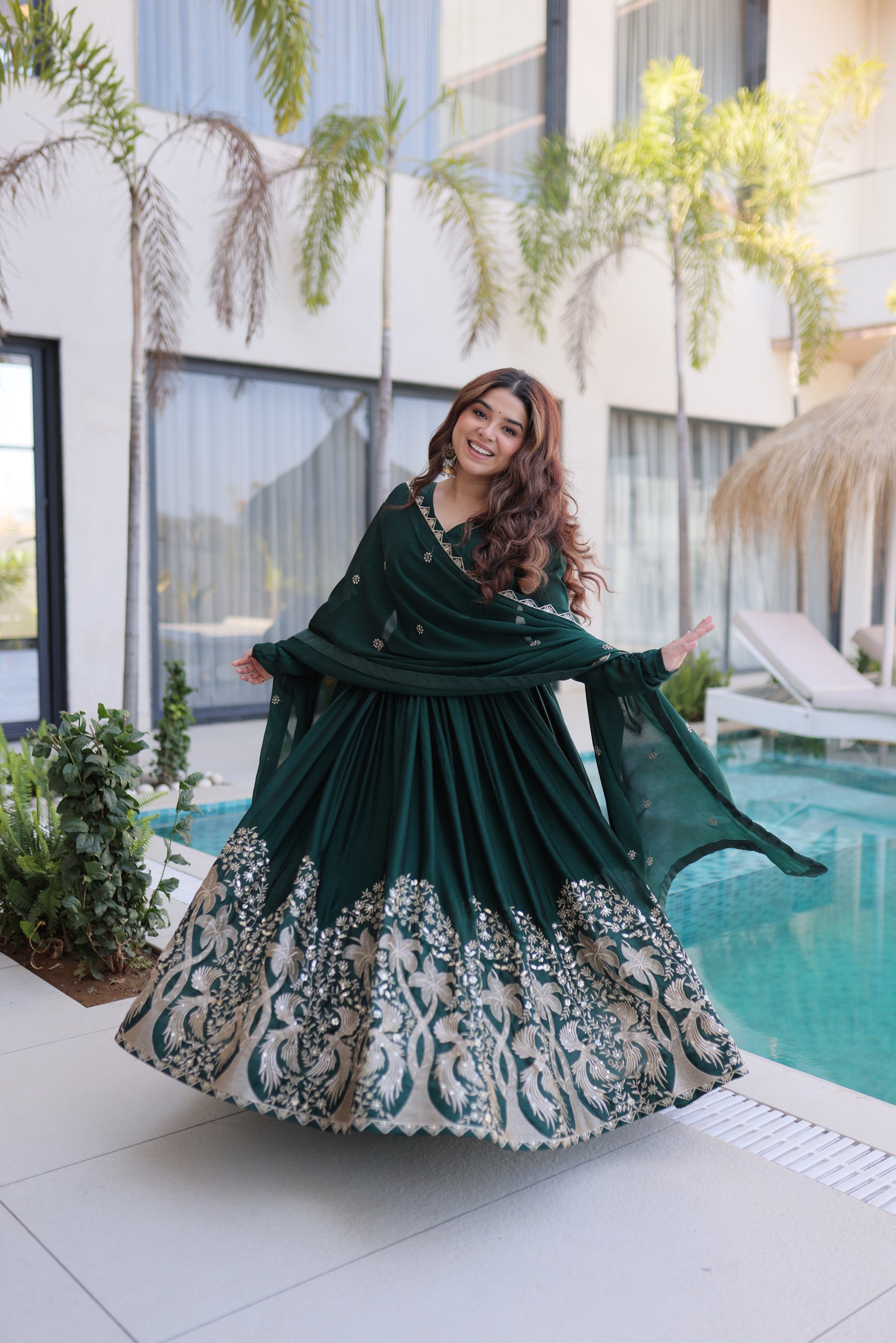 Lorenvalley Fashion Green Rangoli Crush With Sequins Multi Embroidered work Gown with Dupatta - Distacart