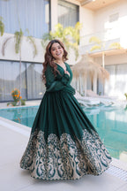 Lorenvalley Fashion Green Rangoli Crush With Sequins Multi Embroidered work Gown with Dupatta - Distacart