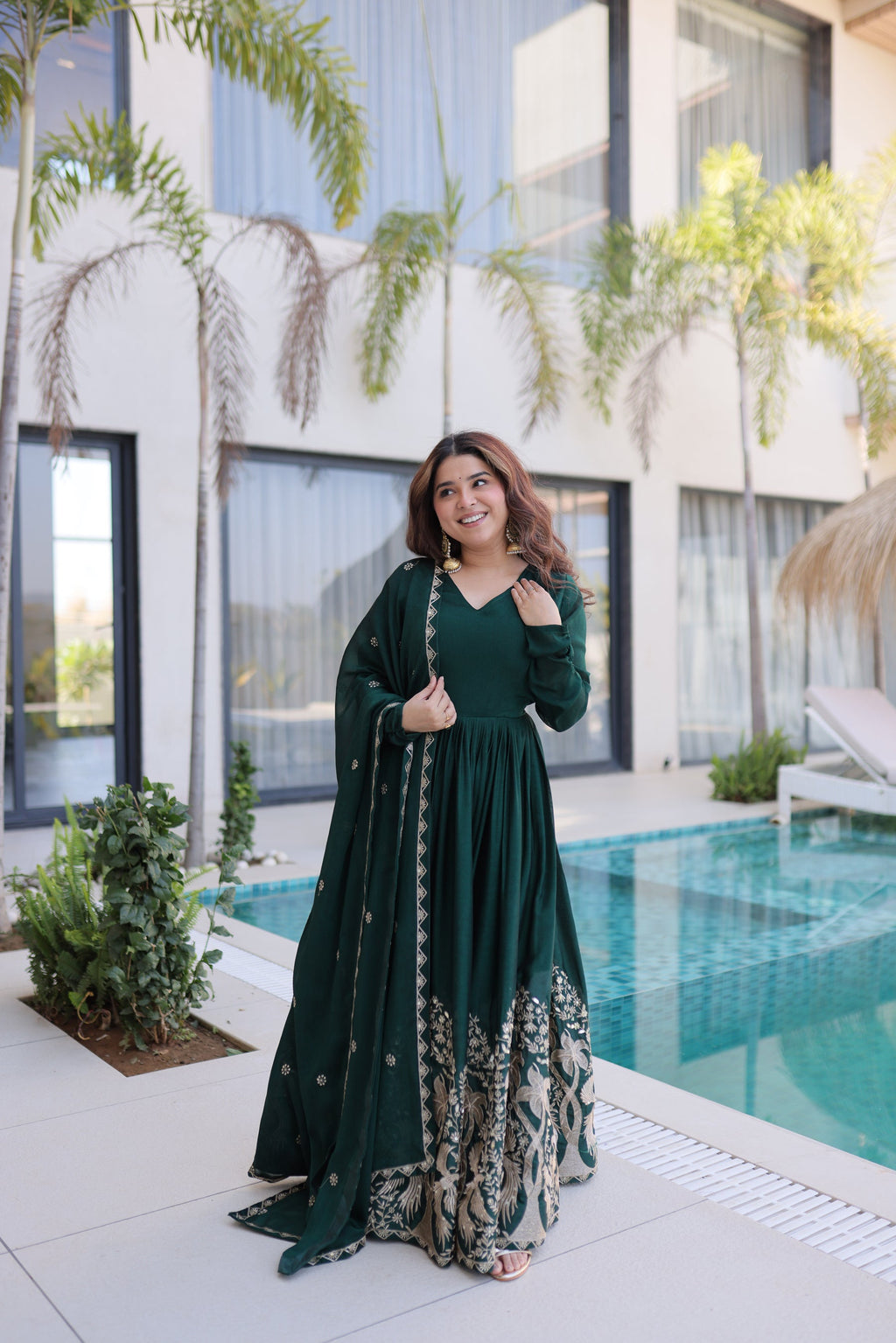 Lorenvalley Fashion Green Rangoli Crush With Sequins Multi Embroidered work Gown with Dupatta - Distacart