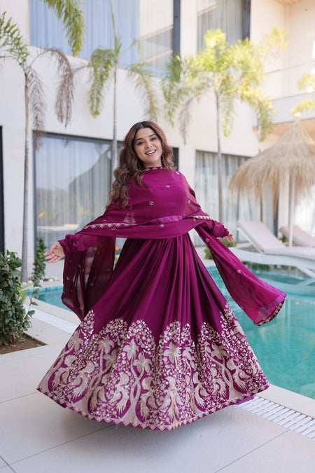 Lorenvalley Fashion Wine Rangoli Crush With Sequins Multi Embroidered work Gown with Dupatta