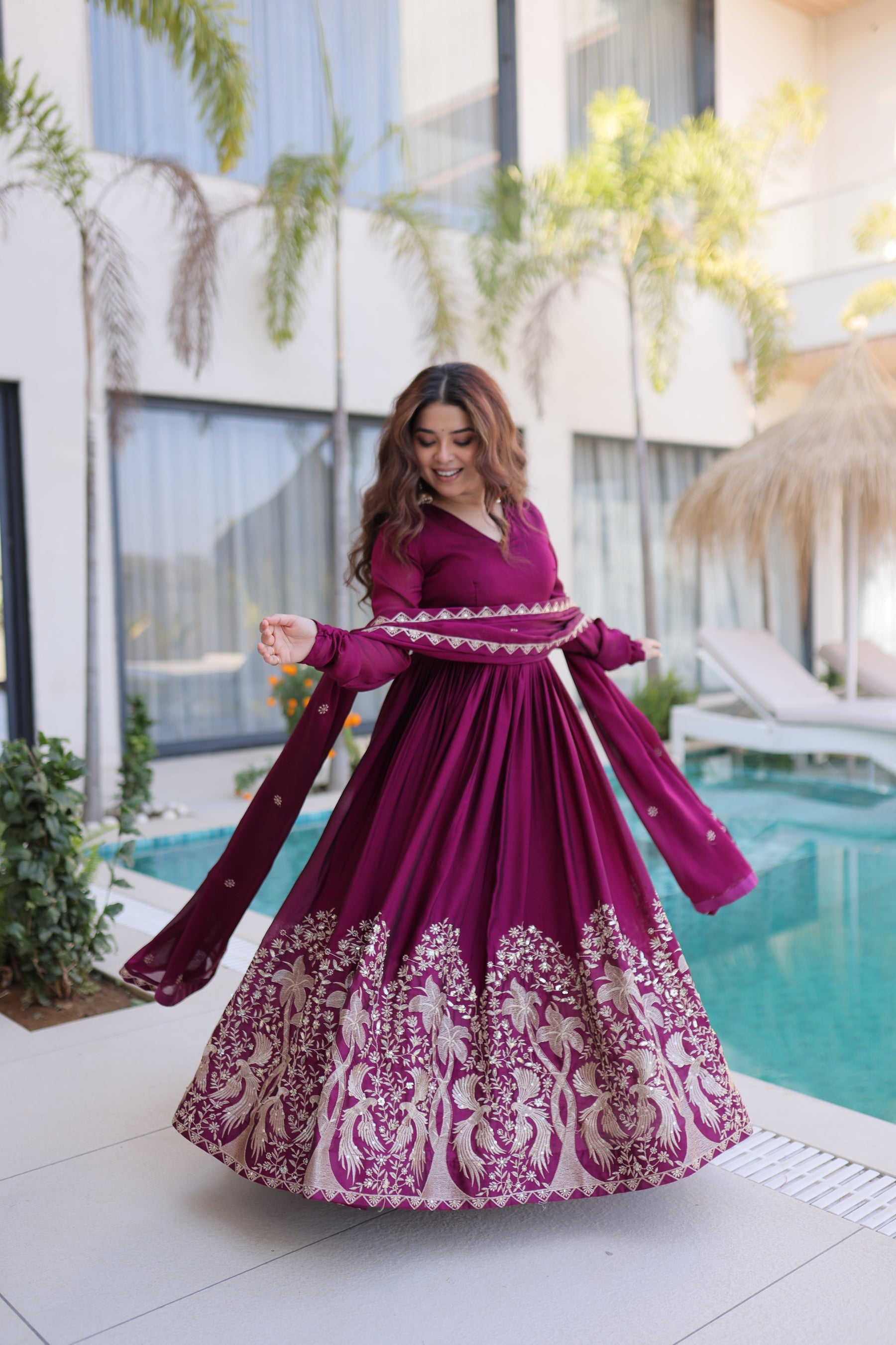 Lorenvalley Fashion Wine Rangoli Crush With Sequins Multi Embroidered work Gown with Dupatta - Distacart