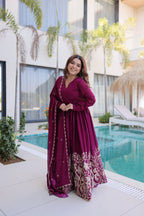 Lorenvalley Fashion Wine Rangoli Crush With Sequins Multi Embroidered work Gown with Dupatta - Distacart