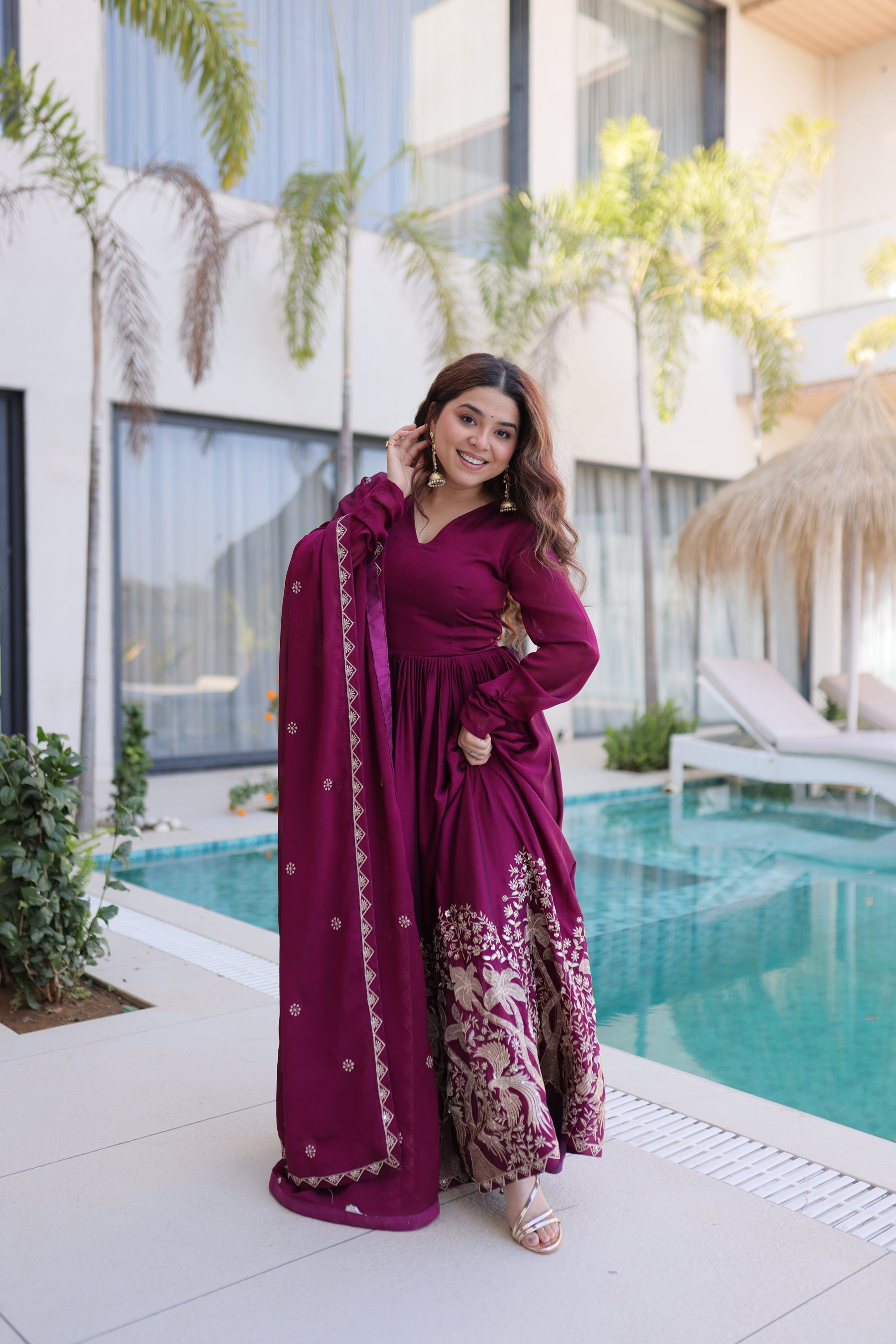 Lorenvalley Fashion Wine Rangoli Crush With Sequins Multi Embroidered work Gown with Dupatta - Distacart