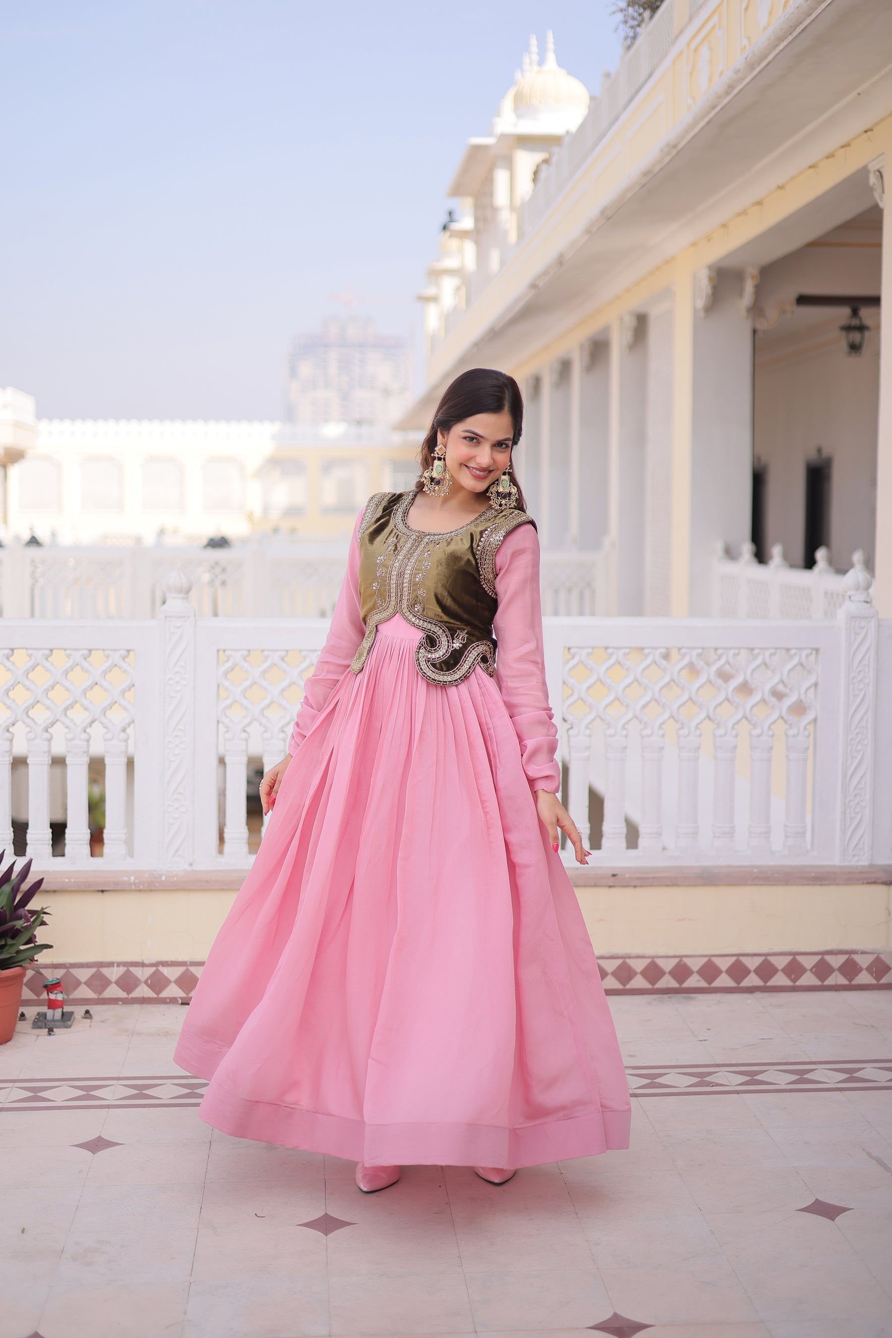 Lorenvalley Fashion Pink Mal Chanderi Flair Gown with Koti