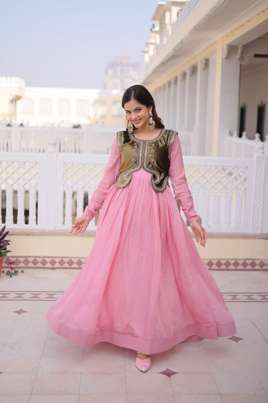 Lorenvalley Fashion Pink Mal Chanderi Flair Gown with Koti