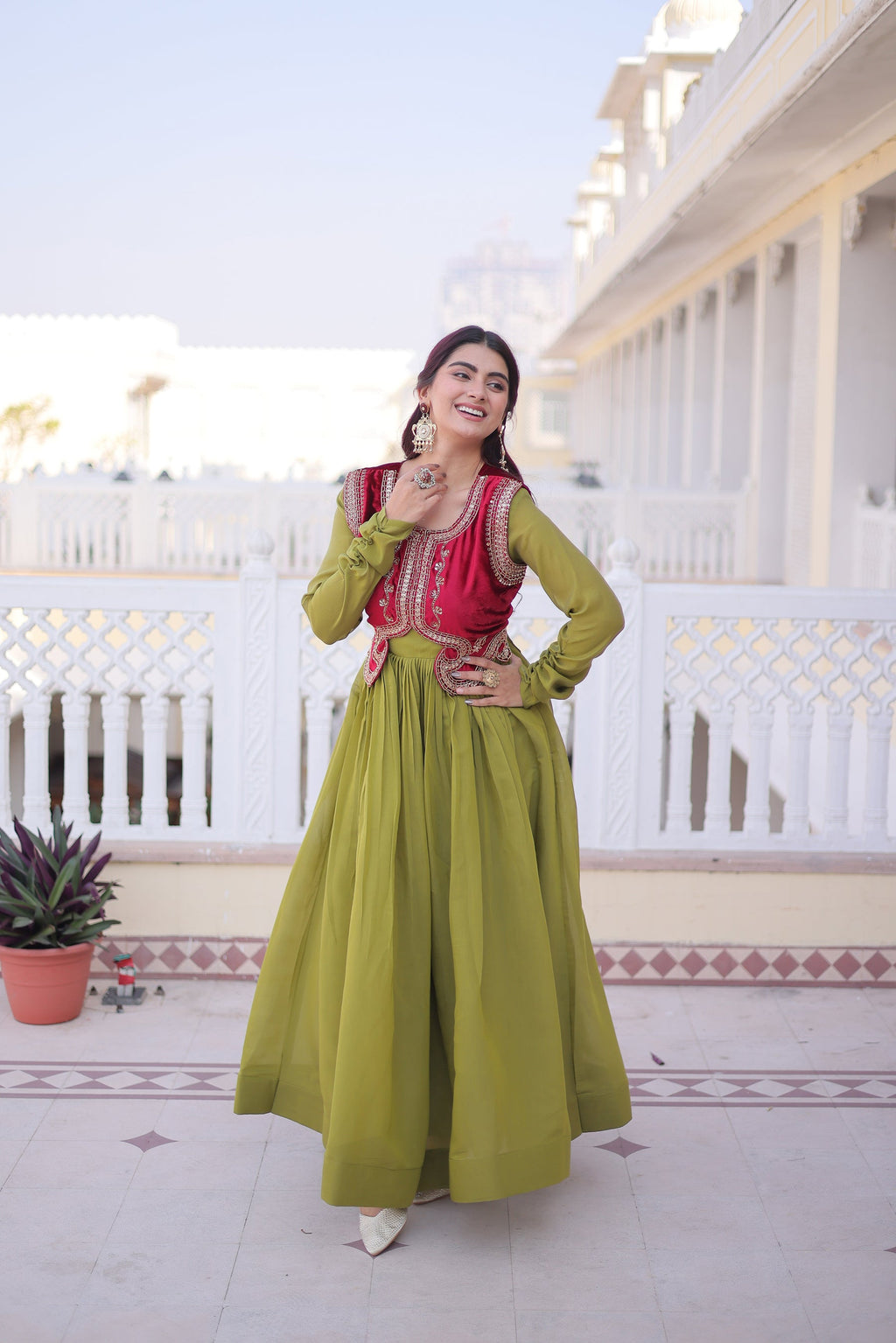 Lorenvalley Fashion Pista Mal Chanderi Flair Gown with Koti