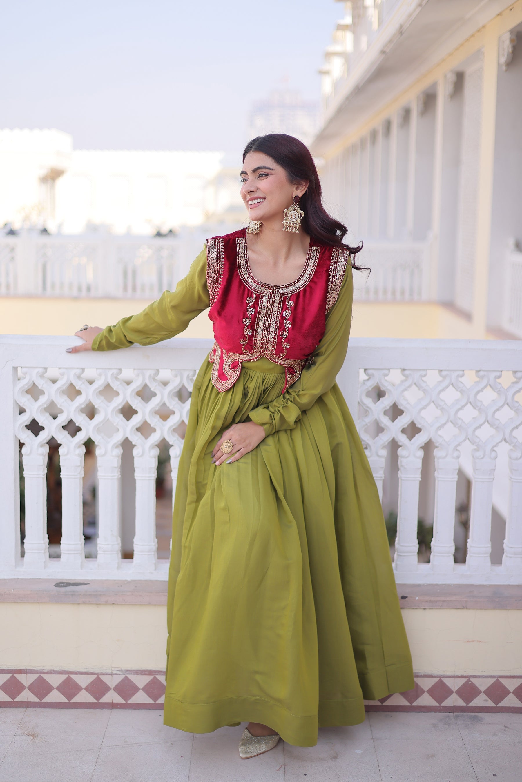 Lorenvalley Fashion Pista Mal Chanderi Flair Gown with Koti