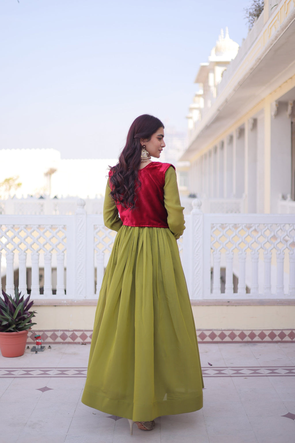 Lorenvalley Fashion Pista Mal Chanderi Flair Gown with Koti