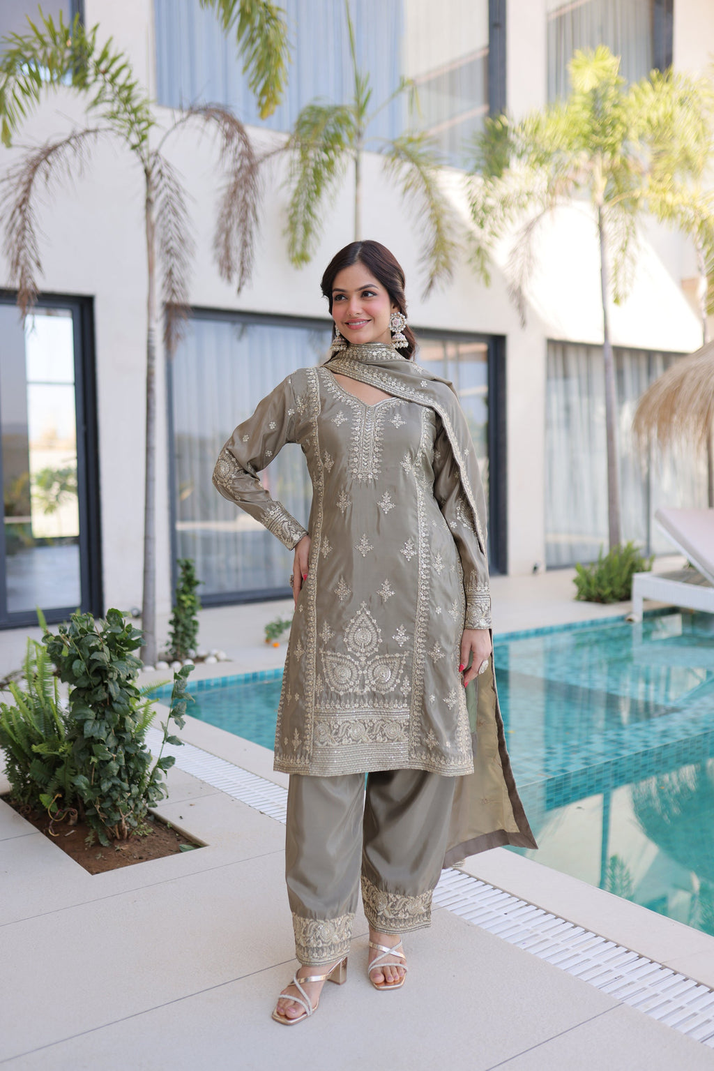 Lorenvalley Fashion Chiku Ho Silk With Zari Multi & Thread Embroidered Work Kurta Pant With Dupatta - Distacart