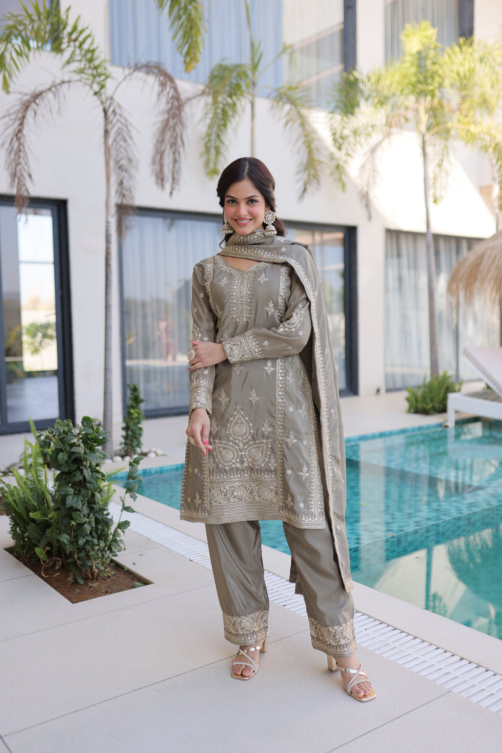 Lorenvalley Fashion Chiku Ho Silk With Zari Multi & Thread Embroidered Work Kurta Pant With Dupatta - Distacart