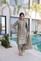 Lorenvalley Fashion Chiku Ho Silk With Zari Multi & Thread Embroidered Work Kurta Pant With Dupatta - Distacart