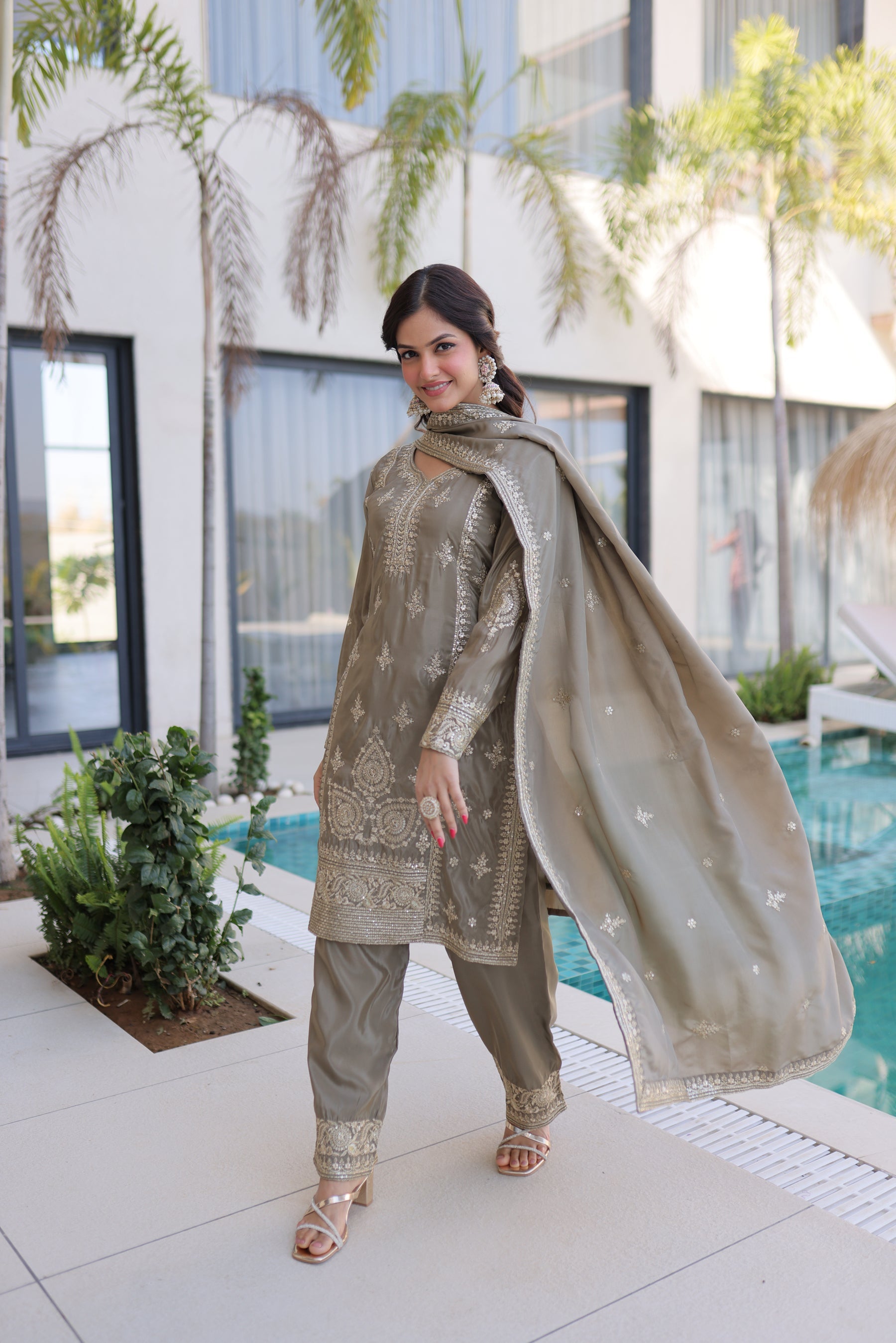 Lorenvalley Fashion Chiku Ho Silk With Zari Multi & Thread Embroidered Work Kurta Pant With Dupatta - Distacart