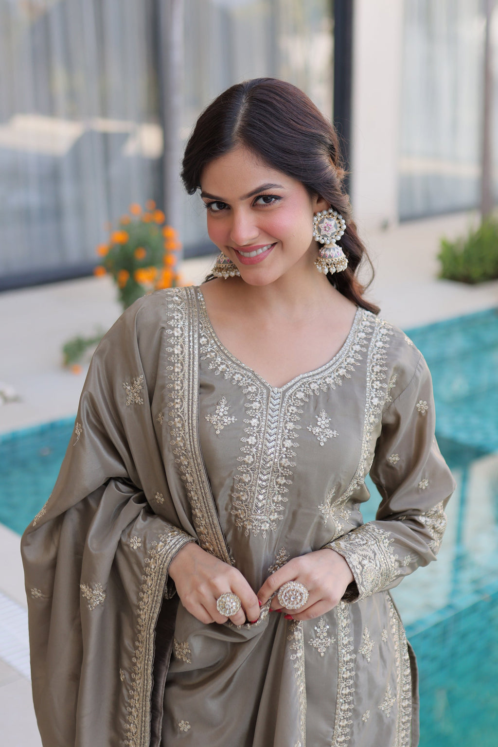 Lorenvalley Fashion Chiku Ho Silk With Zari Multi & Thread Embroidered Work Kurta Pant With Dupatta - Distacart