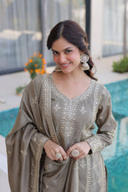 Lorenvalley Fashion Chiku Ho Silk With Zari Multi & Thread Embroidered Work Kurta Pant With Dupatta - Distacart