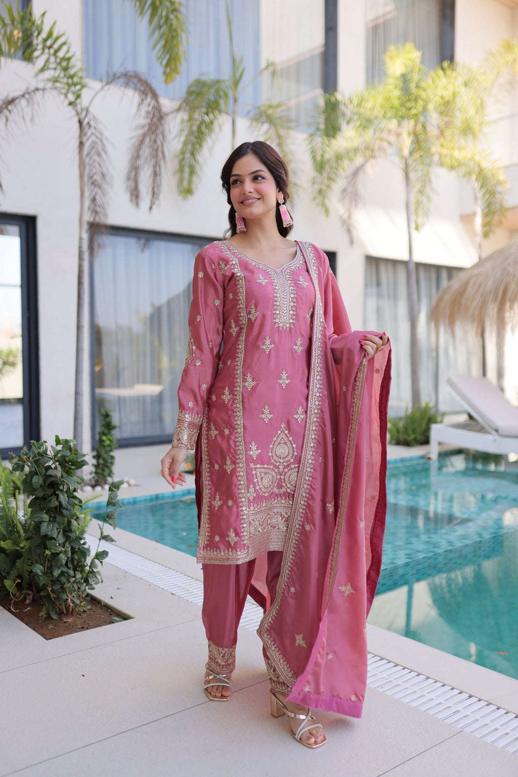 Lorenvalley Fashion Pink Ho Silk With Zari Multi & Thread Embroidered Work Kurta Pant With Dupatta - Distacart