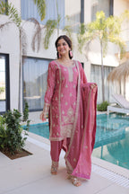 Lorenvalley Fashion Pink Ho Silk With Zari Multi & Thread Embroidered Work Kurta Pant With Dupatta - Distacart