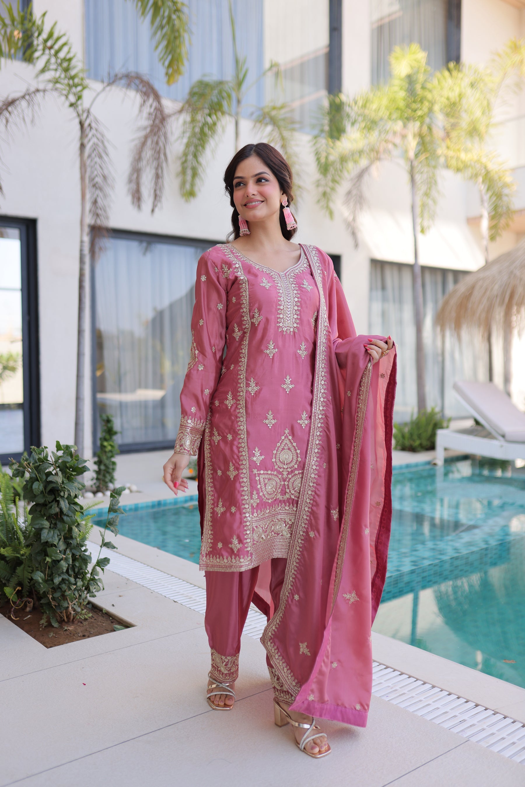Lorenvalley Fashion Pink Ho Silk With Zari Multi & Thread Embroidered Work Kurta Pant With Dupatta - Distacart