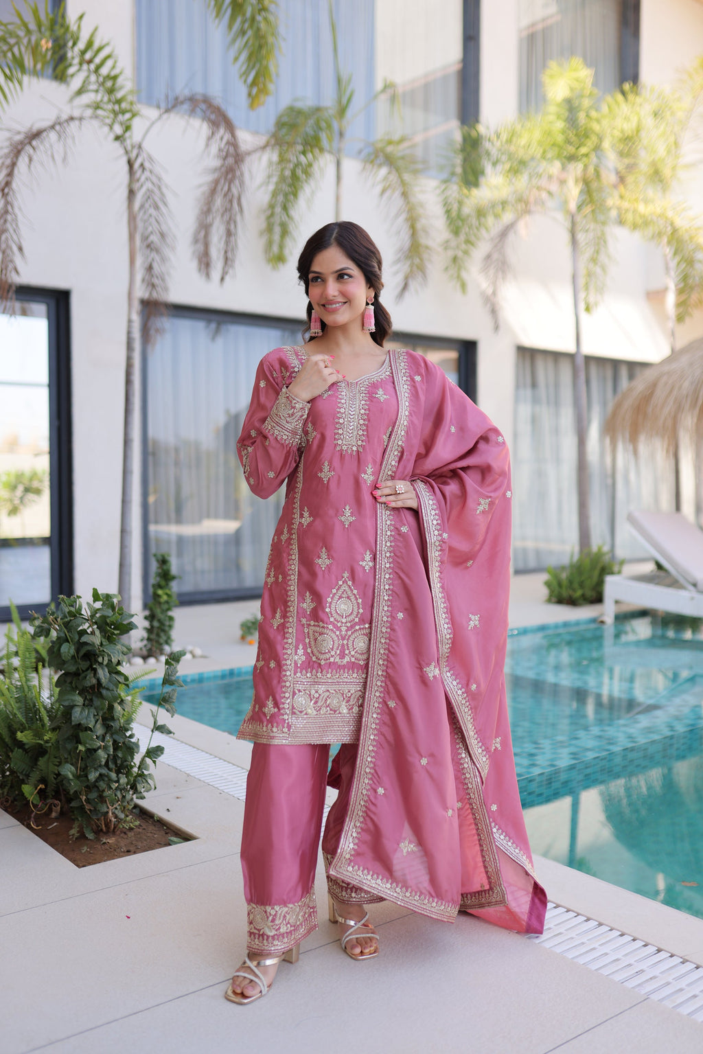Lorenvalley Fashion Pink Ho Silk With Zari Multi & Thread Embroidered Work Kurta Pant With Dupatta - Distacart