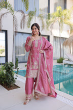 Lorenvalley Fashion Pink Ho Silk With Zari Multi & Thread Embroidered Work Kurta Pant With Dupatta - Distacart