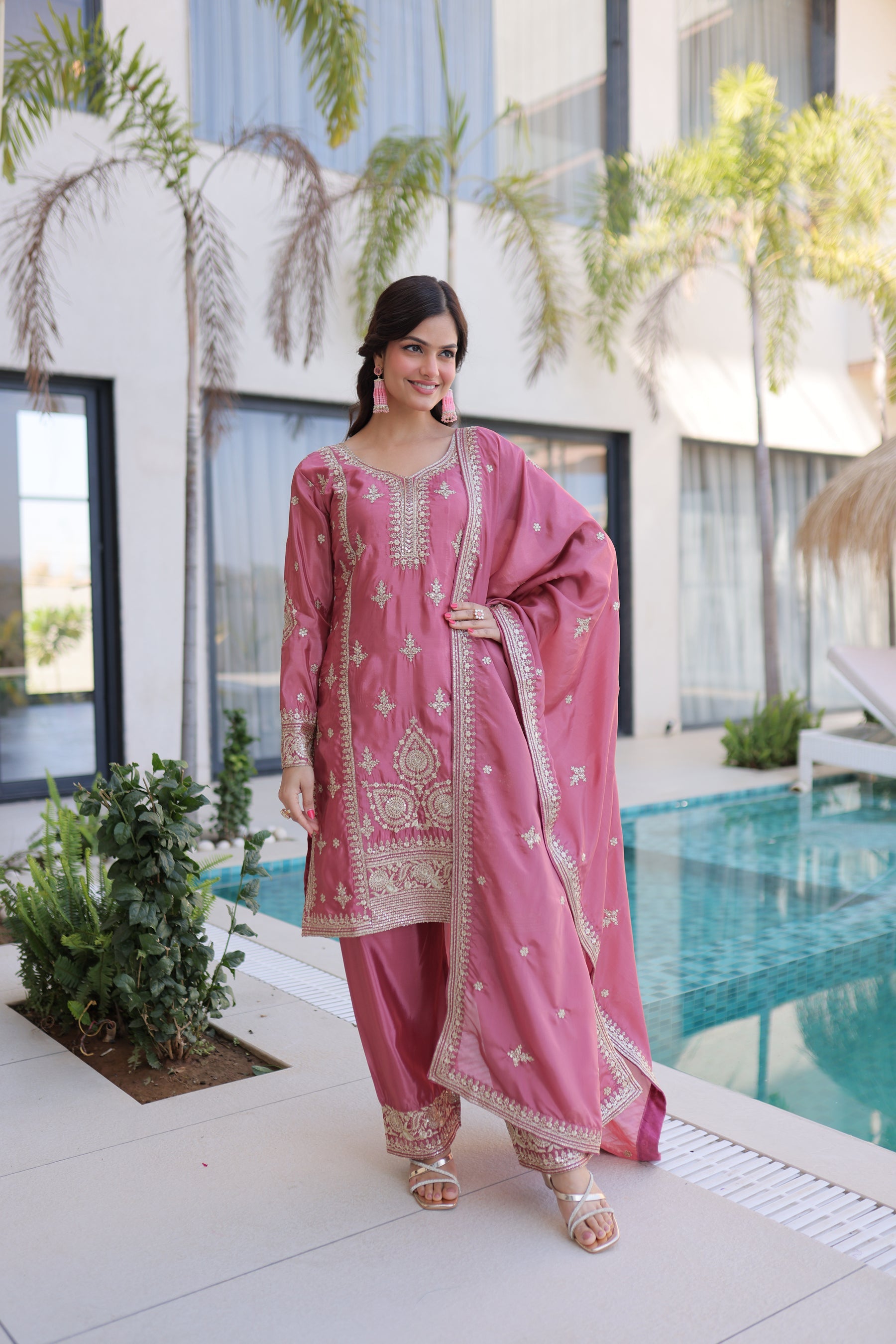 Lorenvalley Fashion Pink Ho Silk With Zari Multi & Thread Embroidered Work Kurta Pant With Dupatta - Distacart