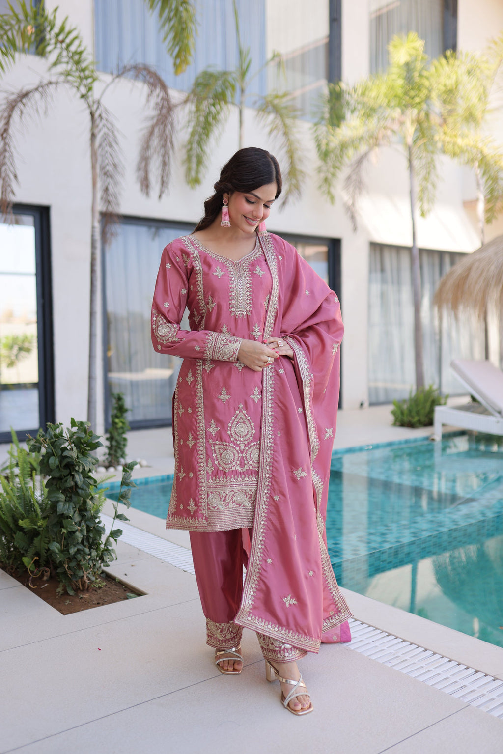 Lorenvalley Fashion Pink Ho Silk With Zari Multi & Thread Embroidered Work Kurta Pant With Dupatta - Distacart