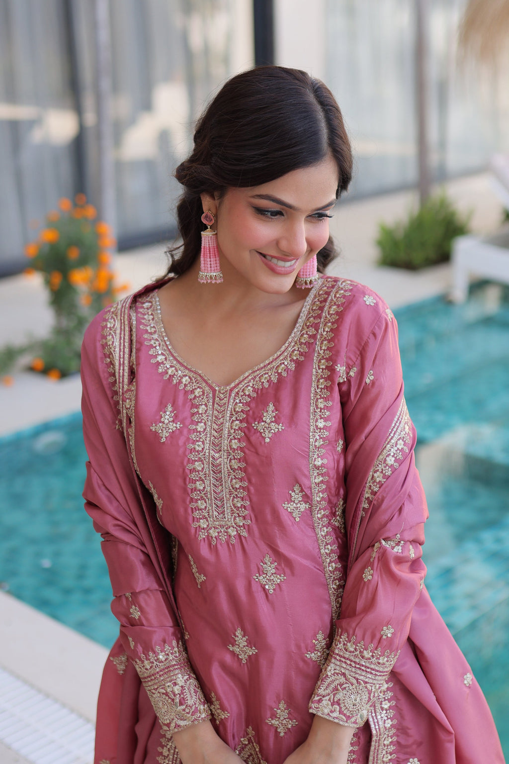 Lorenvalley Fashion Pink Ho Silk With Zari Multi & Thread Embroidered Work Kurta Pant With Dupatta - Distacart